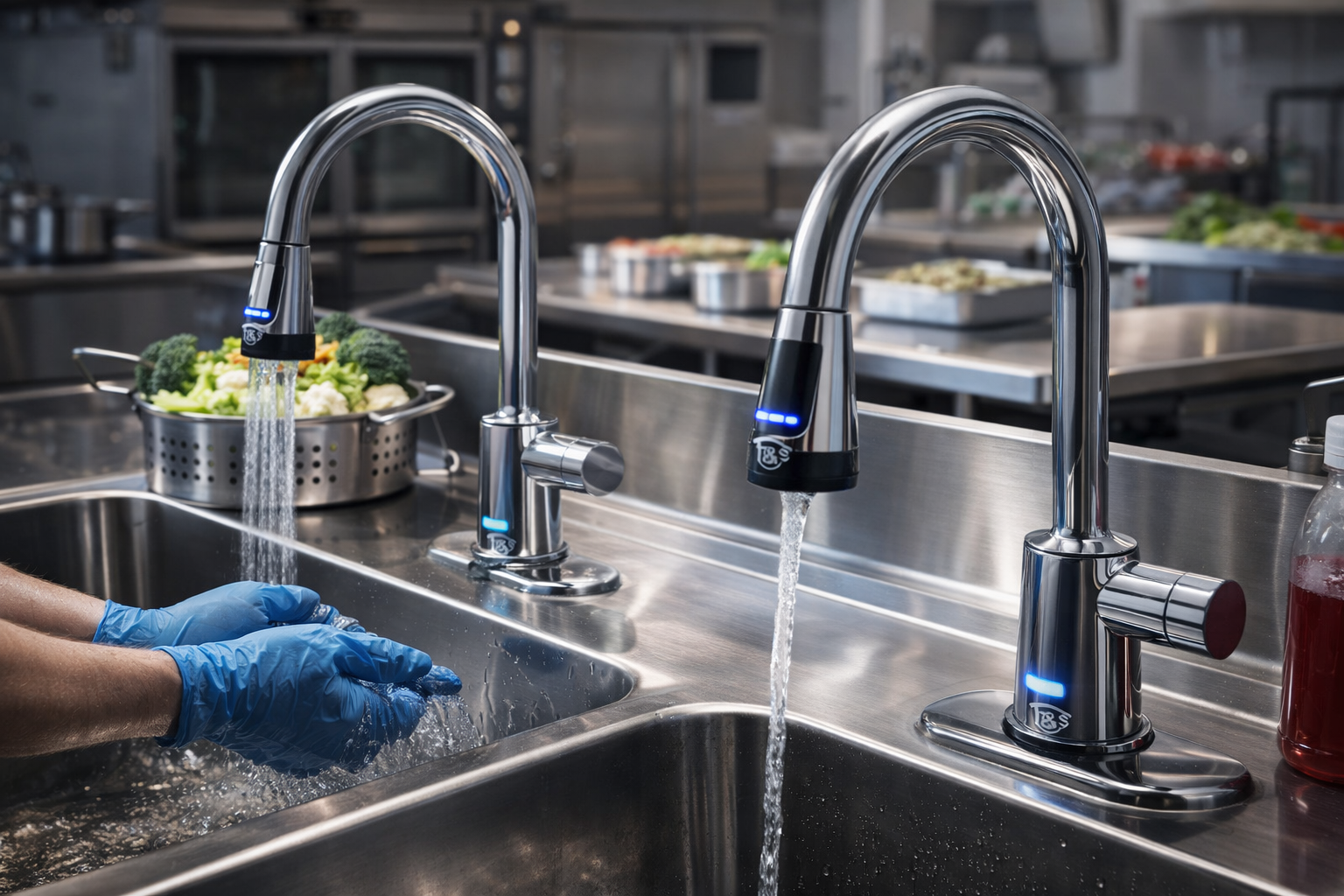 T&S Brass touchless faucets in commercial kitchens and food prep areas